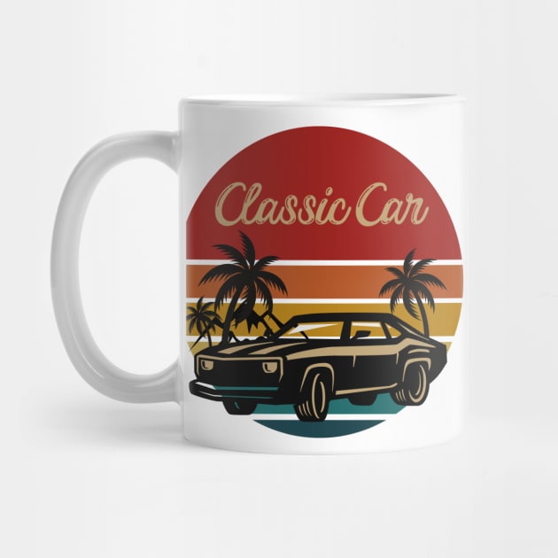 classic car retro  vintage aesthetic sunset circle with palms and mountains, gift for dad, retro designs for car lovers by Maroon55